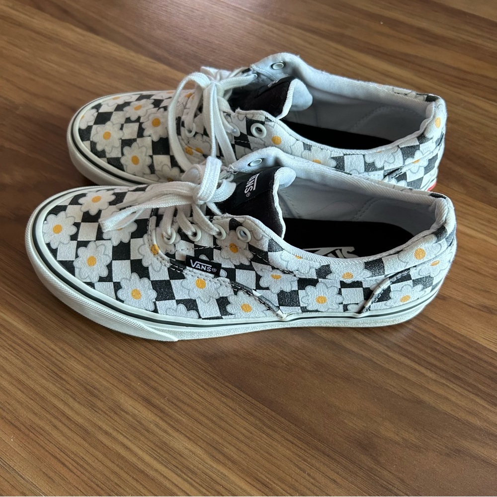 Women’s Vans Black and White Flower Checkered Shoes - Picture 2 of 10
